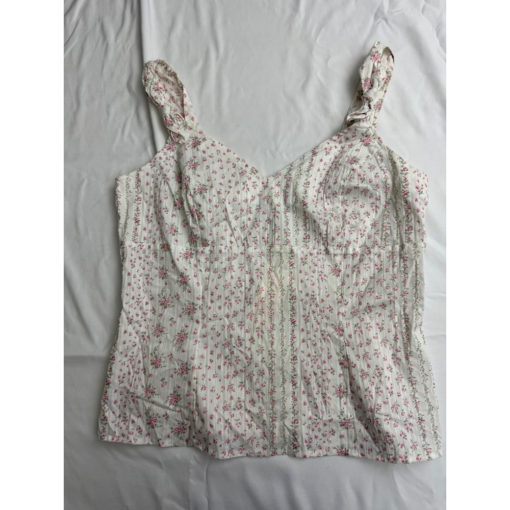 Dreamy Barn Floral Cami Top Pink White Rosebud‎ Smocked Back Knot Straps Medium